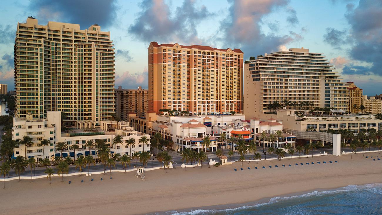 Aerial view of Marriott's Beachplace Towers resort timeshare from the beach side